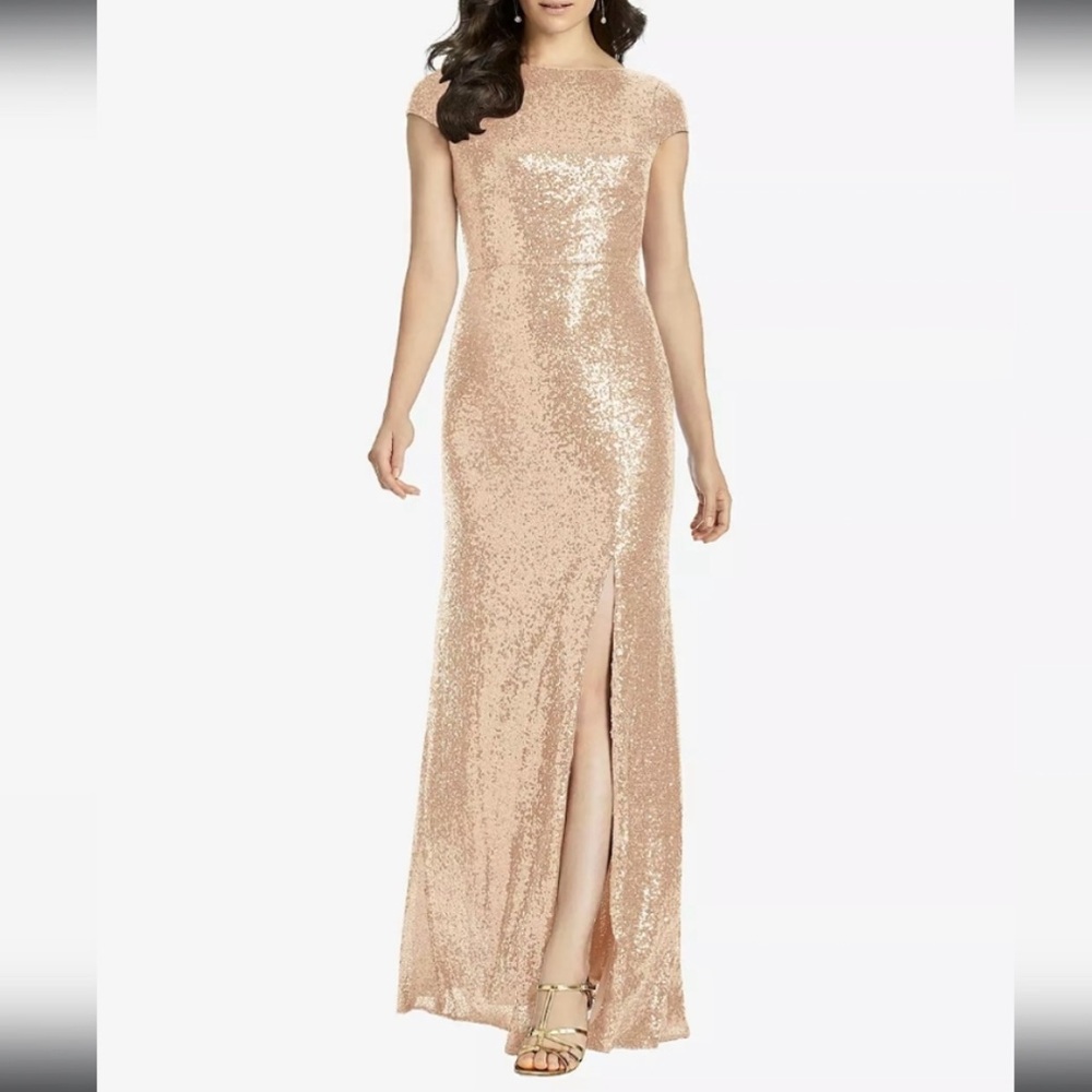 NWT Dessy Collection 3043 Elle Sequin Cowl Back Floor Length Rose Gold Dress